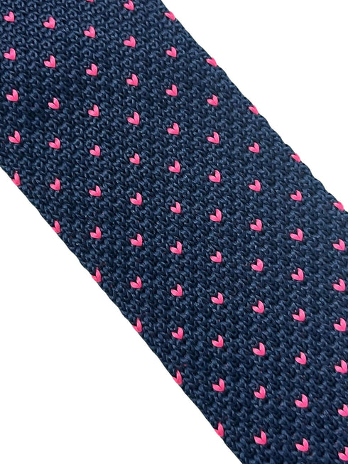 Navy dark blue knitted tie with bright hot pink pin spots